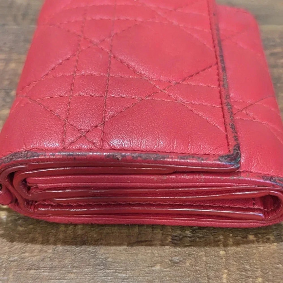 Authentic Christian Dior Lady Dior Cannage Trifold Wallet Lamb Skin Red - Picture 12 of 14